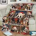 Christmas panda blanket spread over a sofa, featuring cheerful pandas, wrapped presents, ornaments, and holiday scenes