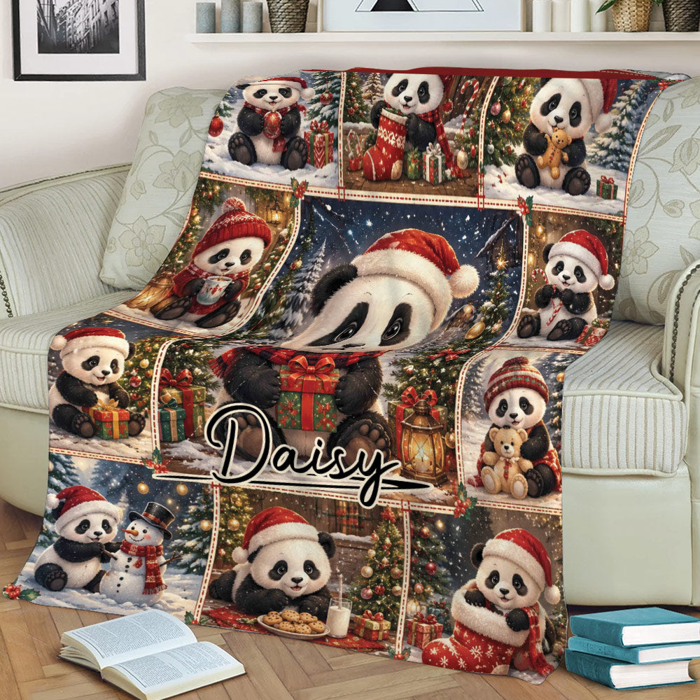 Christmas panda blanket spread over a sofa, featuring cheerful pandas, wrapped presents, ornaments, and holiday scenes