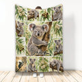 Koala throw blanket displayed with eucalyptus leaves and multiple koala scenes in a collage design