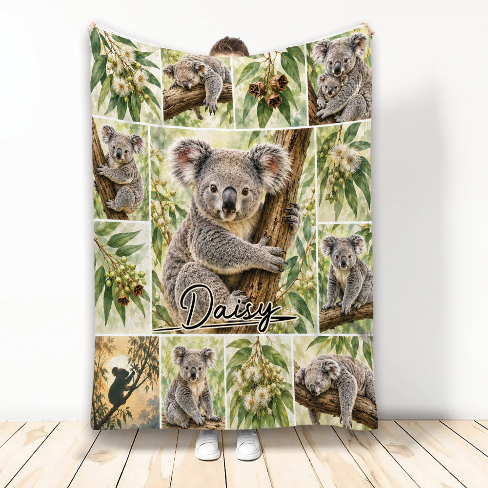 Koala throw blanket displayed with eucalyptus leaves and multiple koala scenes in a collage design