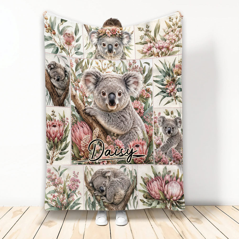 Koala throw blanket featuring multiple koalas, Australian flowers, leafy botanicals, and a custom design
