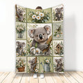 Koala throw blanket featuring a central koala surrounded by daisies, greenery, and garden-themed patchwork panels