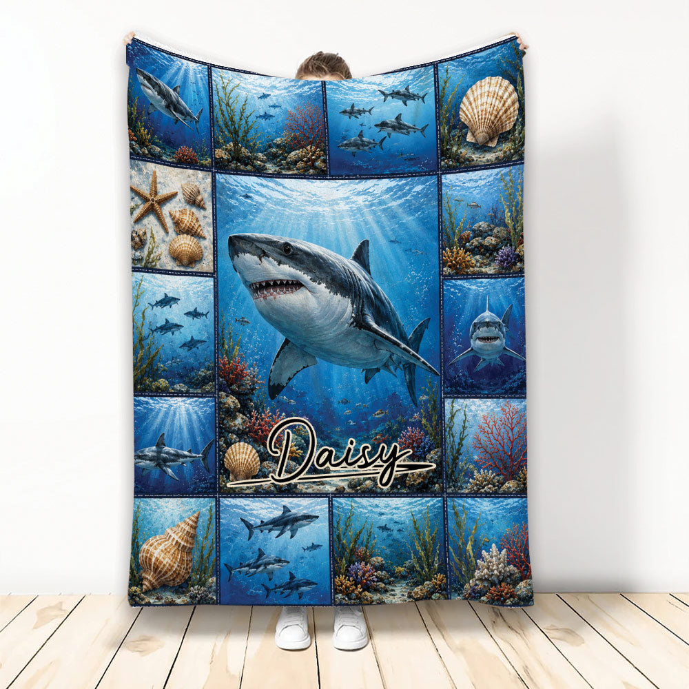 Shark throw blanket with underwater ocean scenes, coral reefs, seashells, and a large shark design