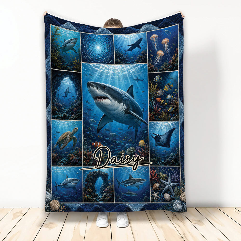 Shark throw blanket displayed vertically with underwater coral reef scenes and ocean wildlife artwork