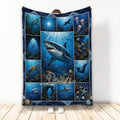 Shark throw blanket displayed vertically with underwater coral reef scenes and ocean wildlife artwork