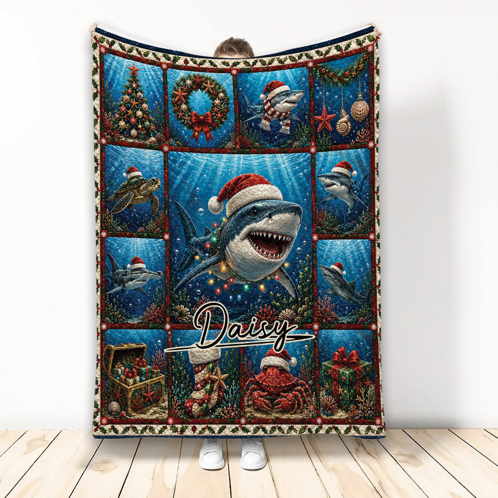 Christmas shark blanket displayed vertically with underwater holiday scenes and ocean-themed decorations