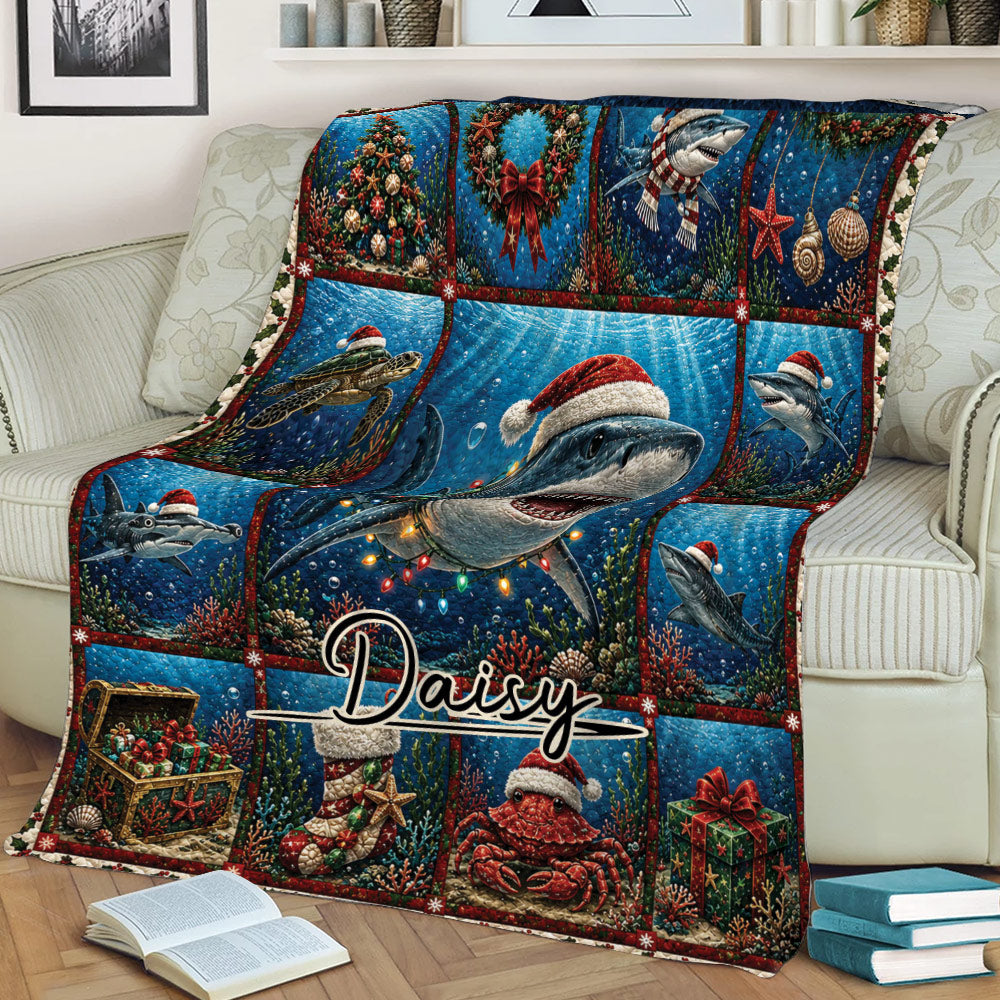 Shark Christmas blanket styled on a sofa with festive ocean scenes, coral, gifts and holiday details
