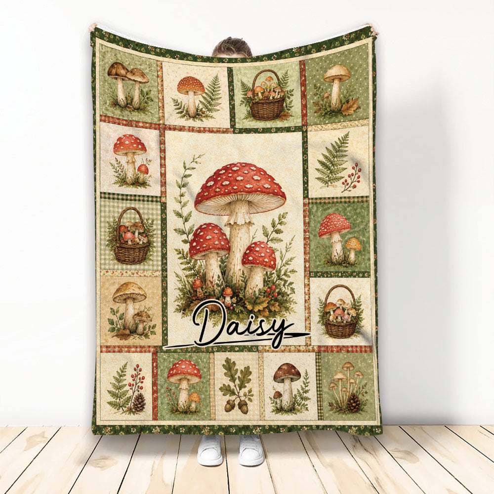 Vintage mushroom throw blanket displayed upright with illustrated fungi, fern leaves, berries, and woodland basket motifs
