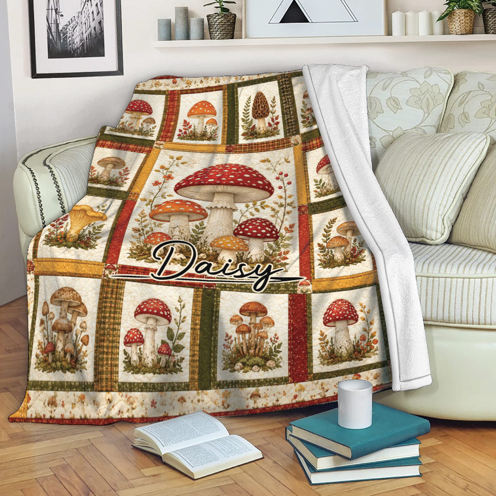 Mushroom blanket draped over a sofa in a cozy reading space
