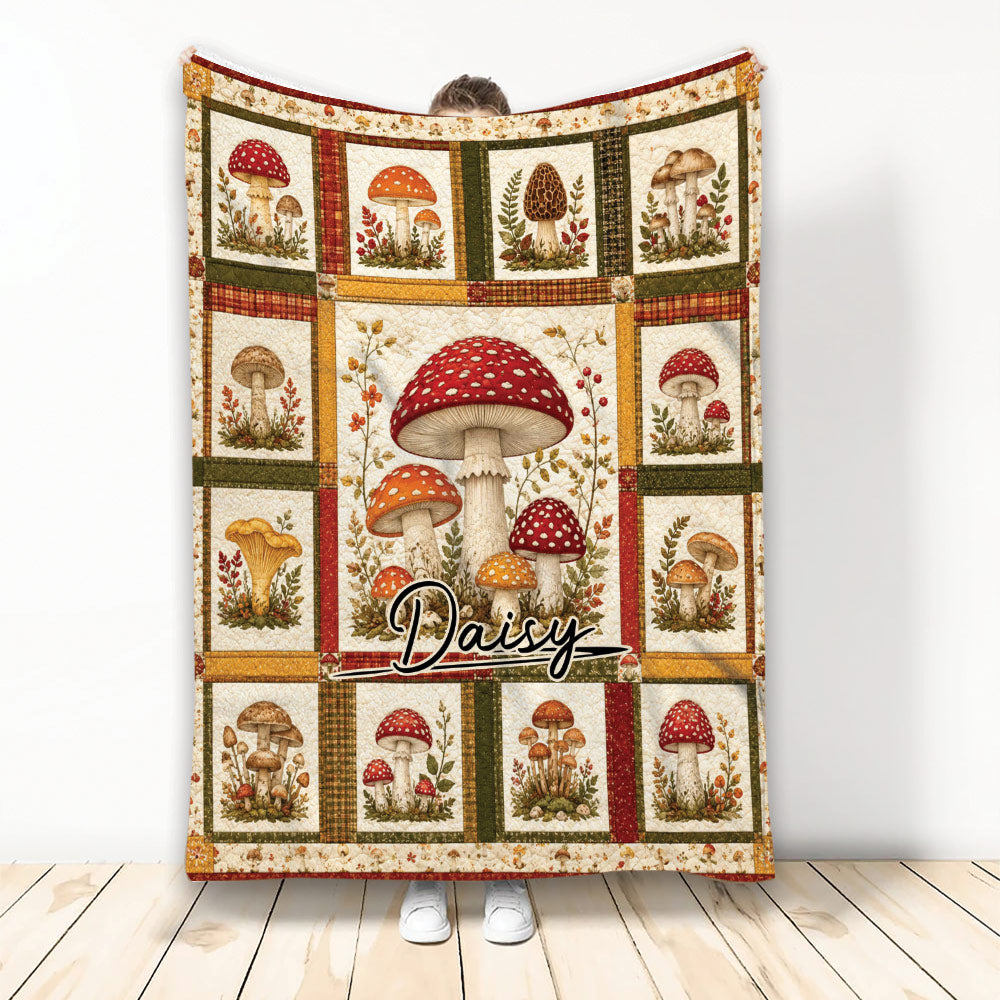 Mushroom throw blanket with rustic patchwork fungi artwork