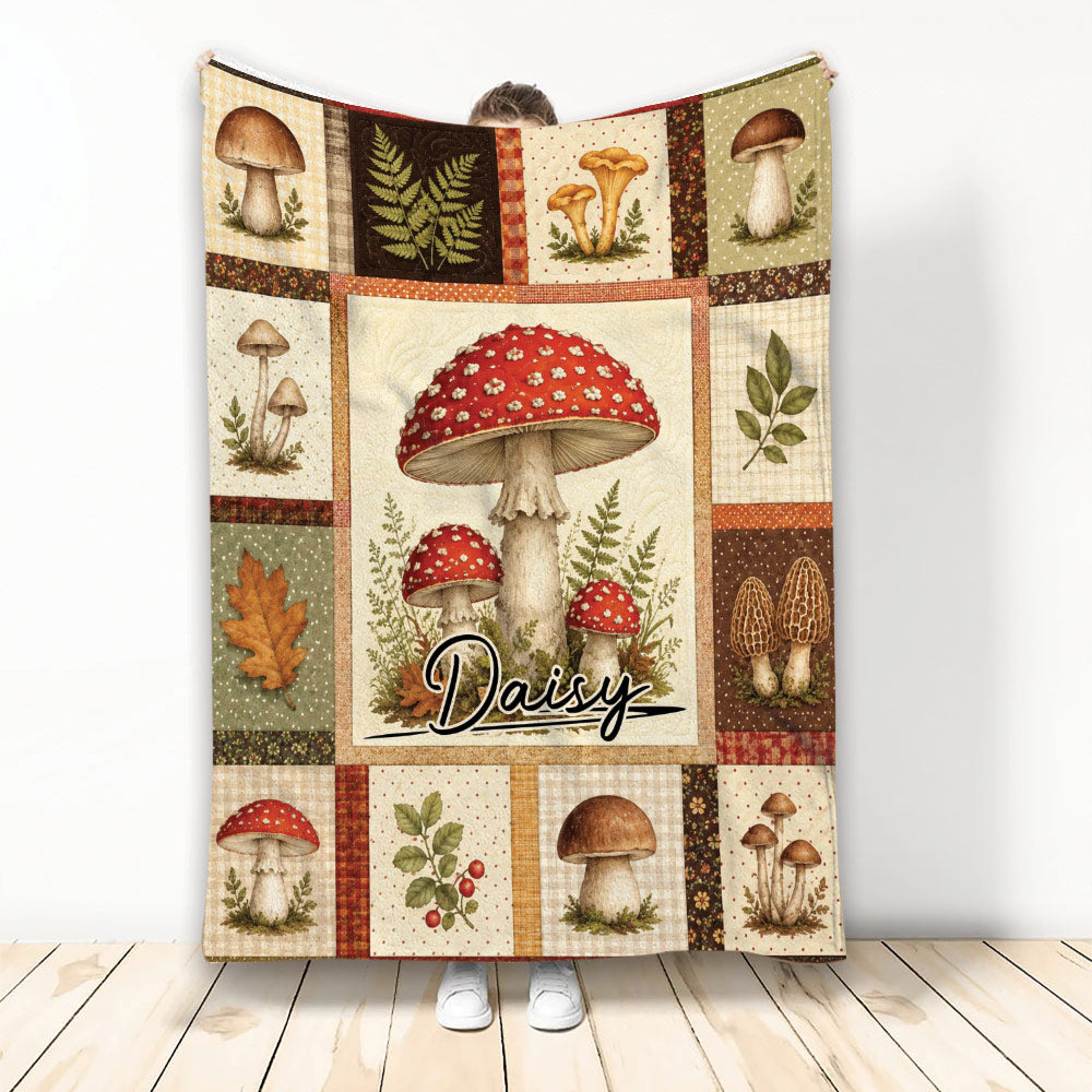 Mushroom throw blanket displayed vertically with vintage botanical panels and illustrated woodland fungi