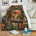 Custom mushroom throw blanket draped over a sofa with detailed woodland fungi and botanical artwork