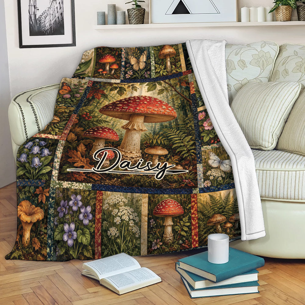 Custom mushroom throw blanket draped over a sofa with detailed woodland fungi and botanical artwork
