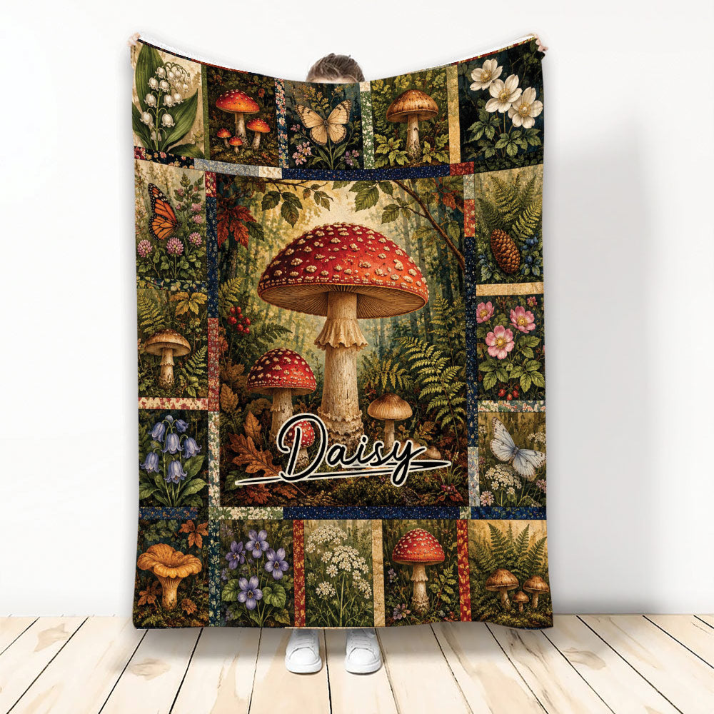 Mushroom throw blanket with woodland fungi, wildflowers, butterflies, and forest-inspired artwork