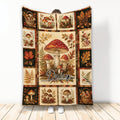 Mushroom throw blanket displayed upright with vintage woodland panels, autumn leaves, acorns, and berry details