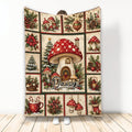 Mushroom throw blanket with red spotted fungi, evergreen branches, berries, ornaments, and Christmas artwork