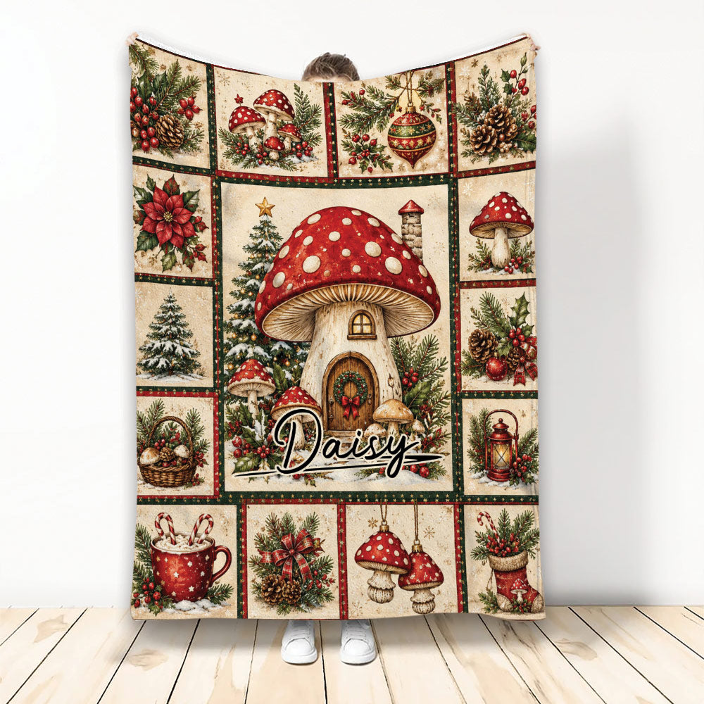 Mushroom throw blanket with red spotted fungi, evergreen branches, berries, ornaments, and Christmas artwork