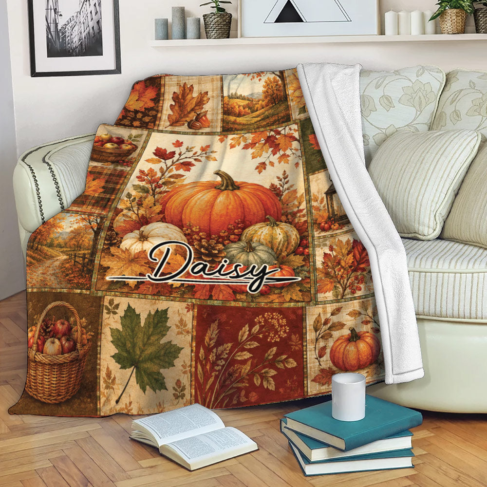 Autumn pumpkin harvest throw blanket draped over a sofa in a cozy living room