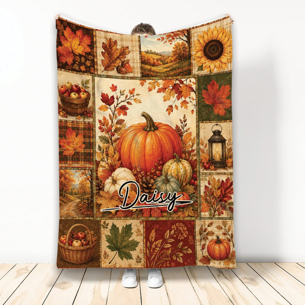 Autumn throw blanket with pumpkin harvest collage, fall leaves, sunflower and warm rustic colors