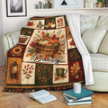 Autumn harvest throw blanket draped over a sofa with pumpkins, leaves, and cozy seasonal artwork