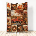 Autumn throw blanket with pumpkins, fall leaves, harvest baskets, and a vintage red pickup truck
