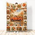 Autumn throw blanket featuring a vintage orange pickup truck, pumpkins, sunflowers, leaves, and harvest artwork