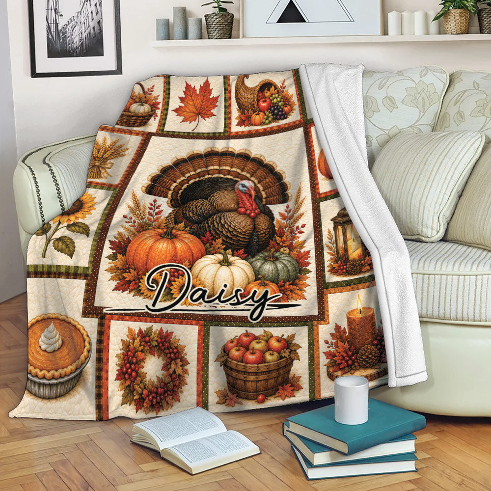 Thanksgiving blanket displayed on a sofa with turkey, pumpkins, harvest panels, and autumn decor