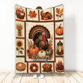 Thanksgiving throw blanket with turkey, pumpkins, autumn leaves, harvest fruits, and warm seasonal artwork