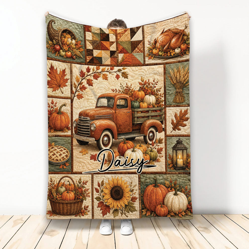 Thanksgiving throw blanket with pumpkins, harvest truck, autumn leaves, turkey, sunflower, and rustic fall artwork