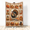 Thanksgiving throw blanket featuring a detailed turkey surrounded by pumpkins, harvest foods, autumn leaves, and fall decor