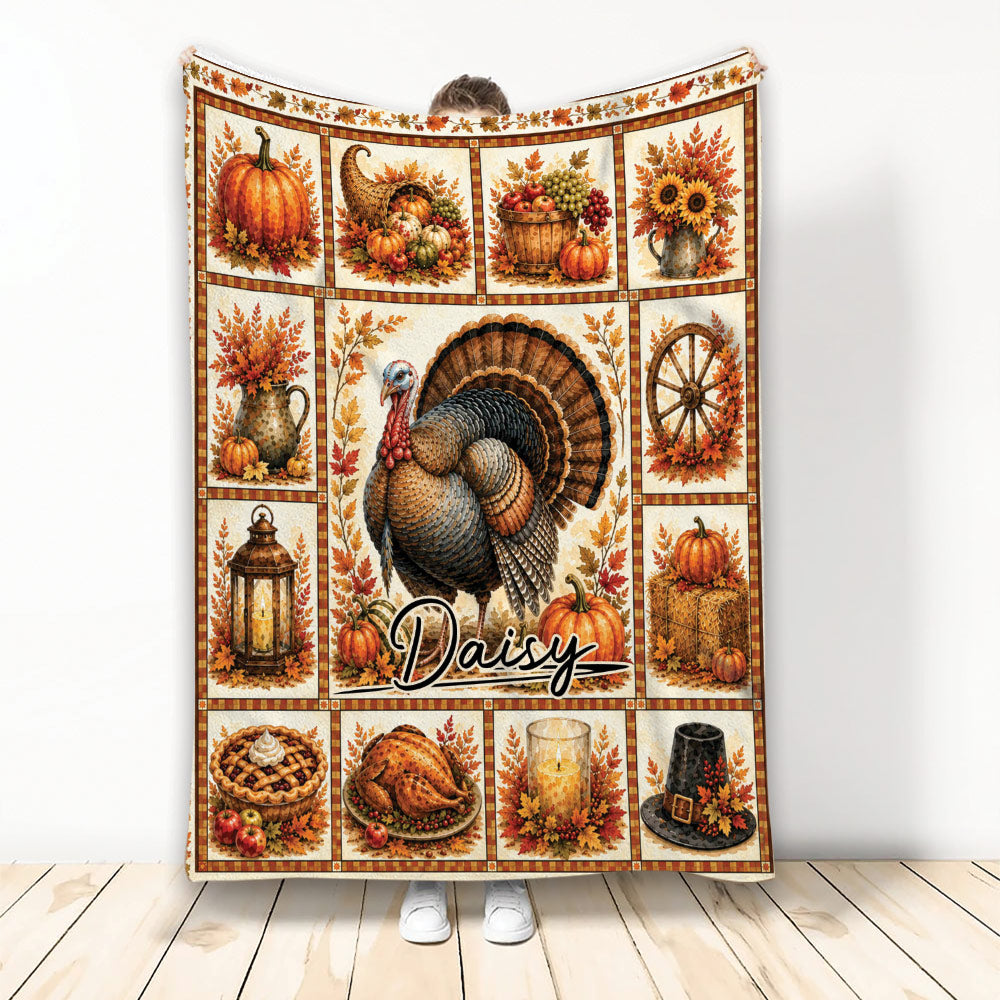 Thanksgiving throw blanket featuring a detailed turkey surrounded by pumpkins, harvest foods, autumn leaves, and fall decor