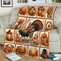 Autumn Thanksgiving blanket draped over a couch with turkey, pumpkins, pie, candles, and harvest decorations