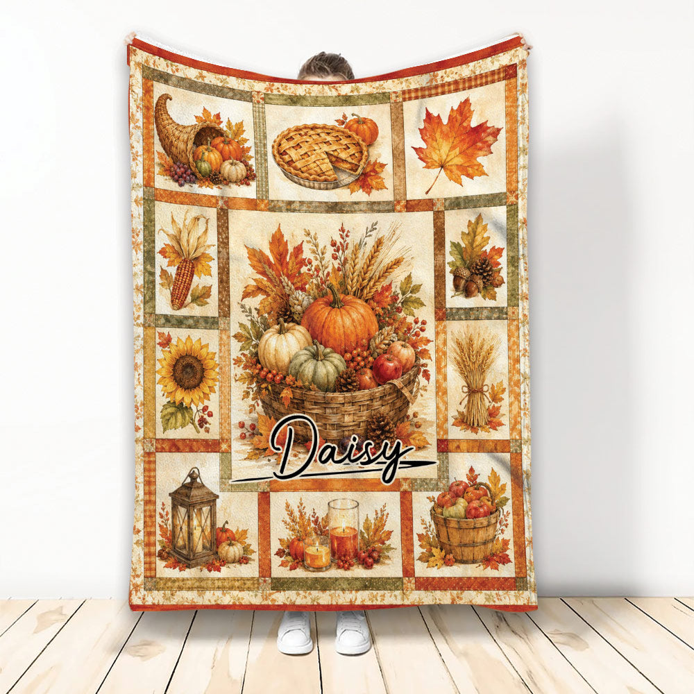 Thanksgiving throw blanket with pumpkins, pie, autumn leaves, corn, sunflowers, and harvest basket artwork