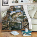 Fishing throw blanket displayed on a sofa with lake, boat, fishing rod and lure artwork