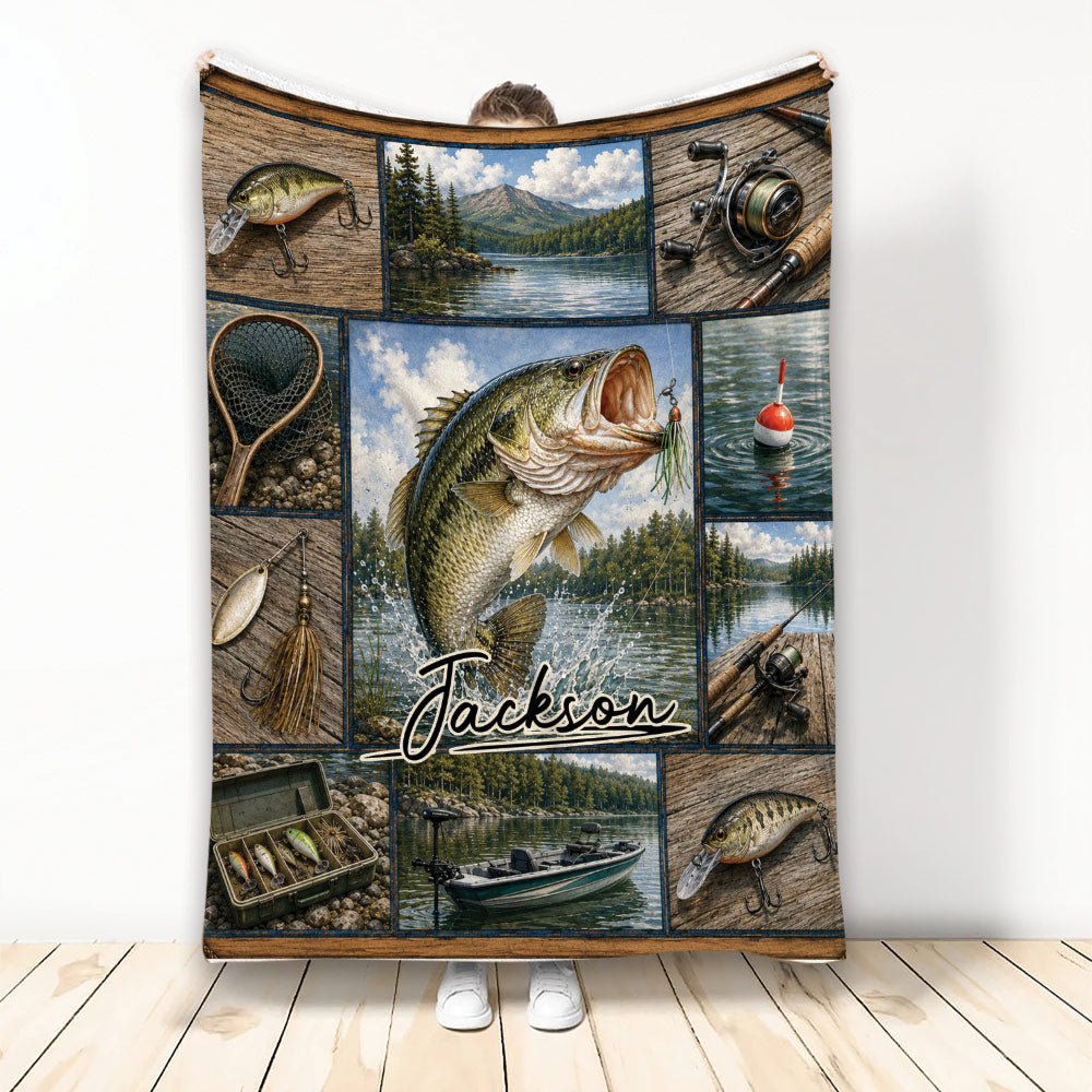 Fishing blanket with lake scenes, fishing gear, boat and large fish artwork in a rustic collage design