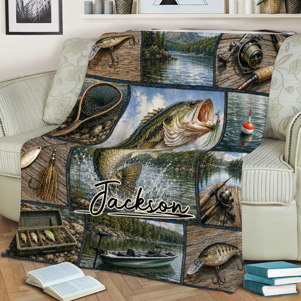 Fishing blanket draped over a chair featuring lake scenery, tackle, fishing rods and fish artwork