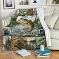 Fishing throw blanket draped over a sofa with fish, tackle, lake scenes, and angler artwork