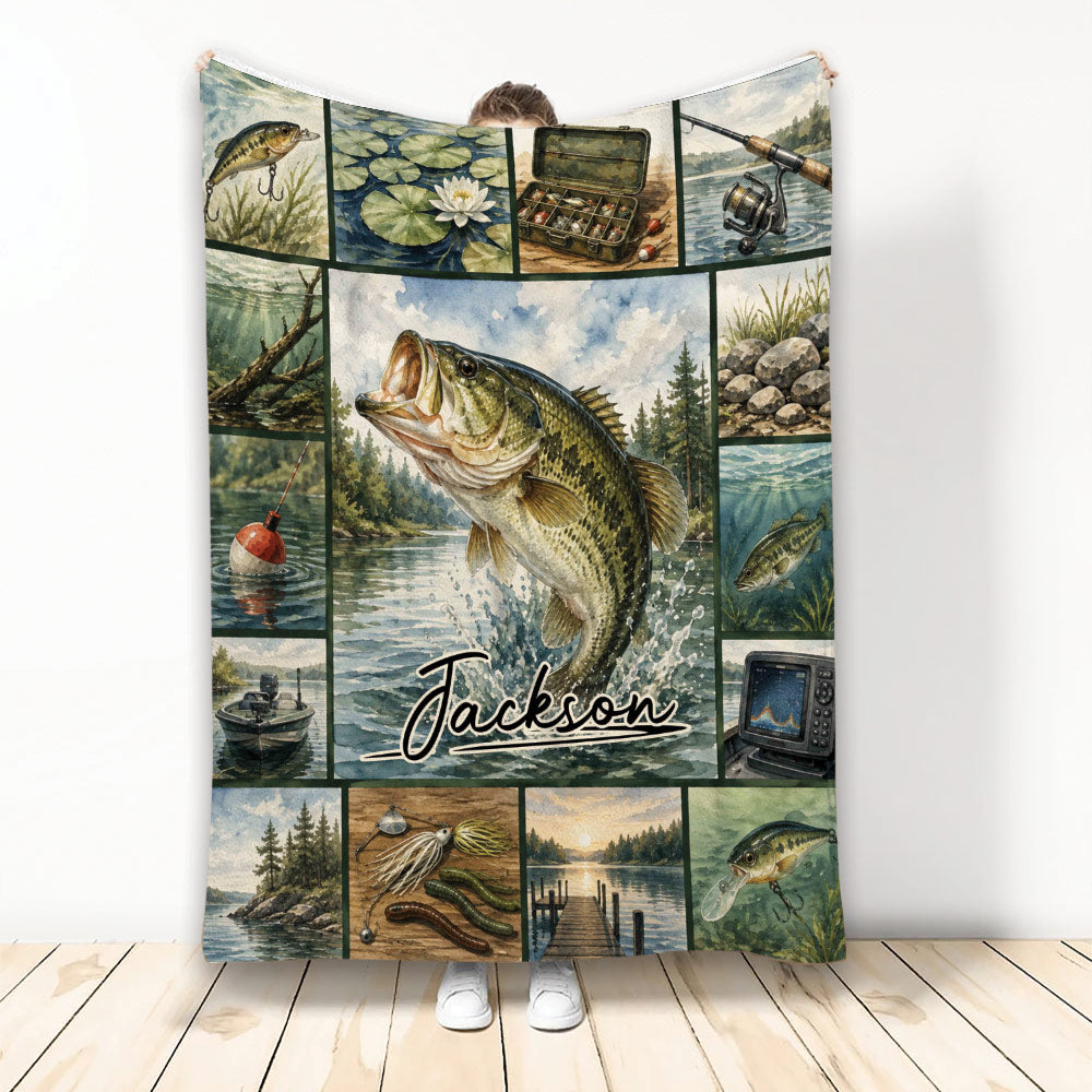 Fishing blanket displayed upright with freshwater fish, tackle, rods, boat, and scenic angler artwork