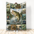 Fishing blanket displayed upright with freshwater fish, tackle, rods, boat, and scenic angler artwork