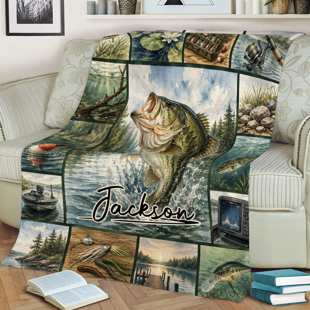 Fishing blanket styled on a sofa with freshwater fish, fishing gear, boat, and scenic lake artwork