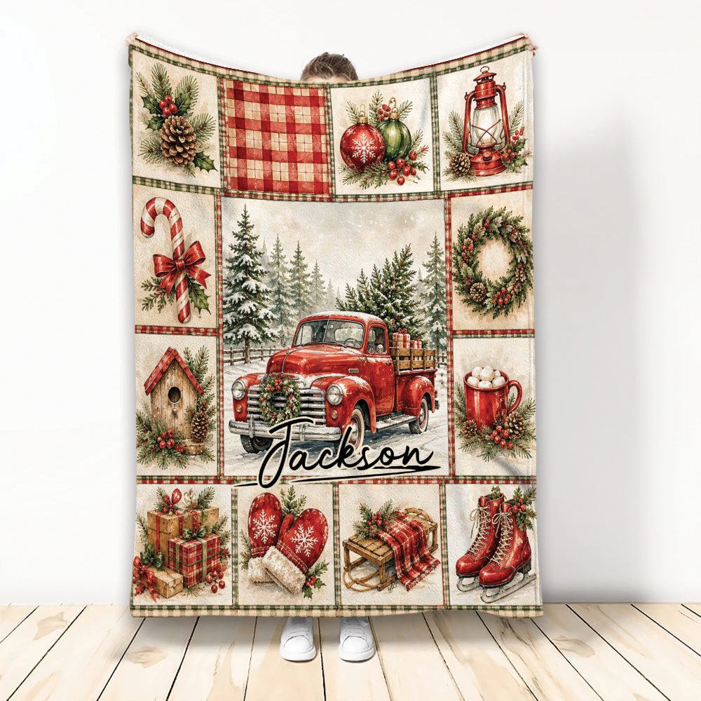 Christmas throw blanket with vintage red truck, snowy trees, ornaments, wreaths, gifts, and holiday collage artwork
