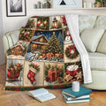 Festive Christmas throw blanket displayed on a sofa with holiday ornaments, gifts, snowman and decorated tree