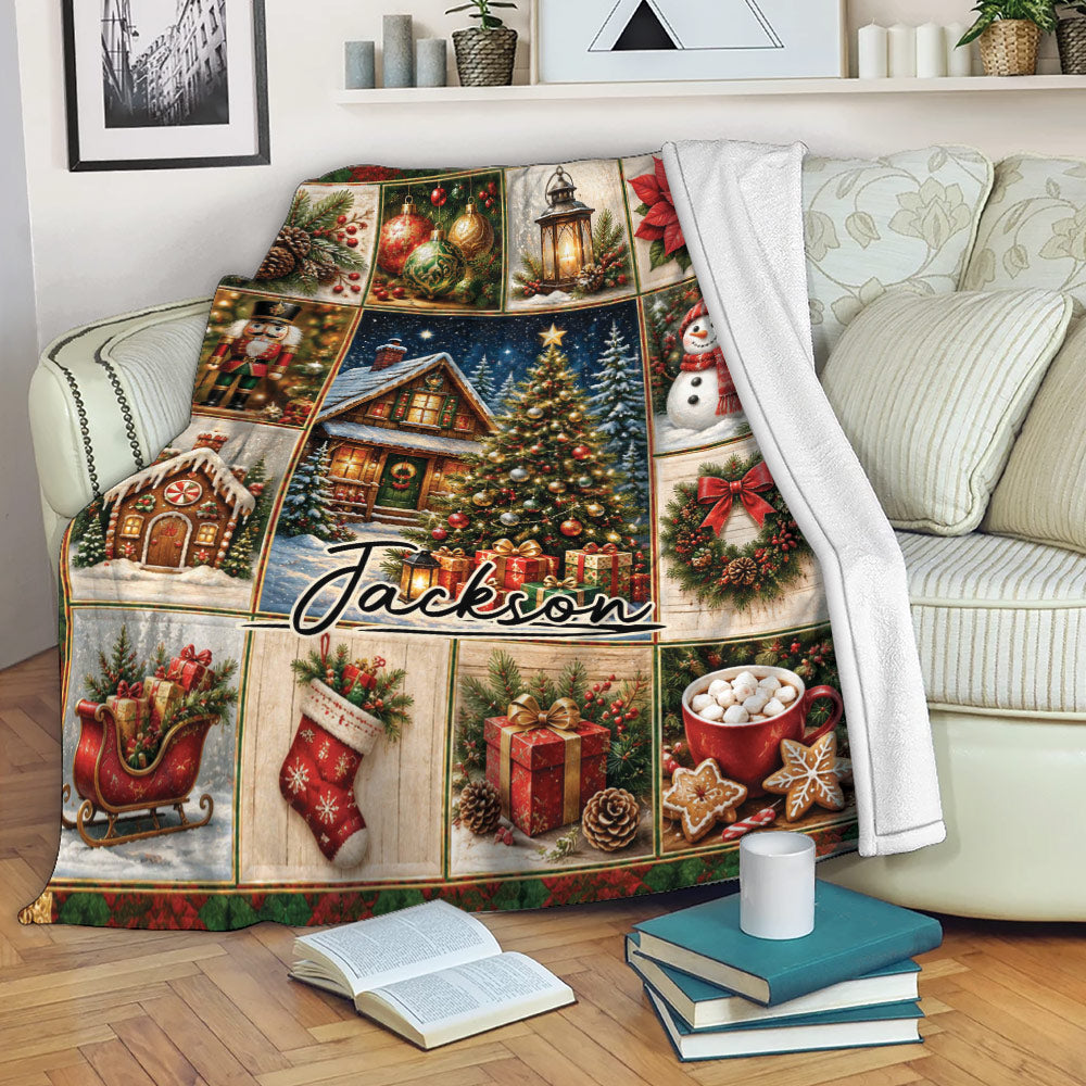 Festive Christmas throw blanket displayed on a sofa with holiday ornaments, gifts, snowman and decorated tree