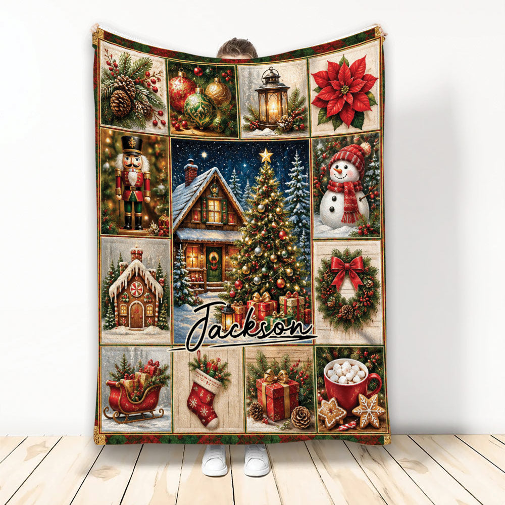 Christmas blanket with festive holiday collage featuring ornaments, snowman, nutcracker, tree, gifts and winter scenes