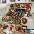Christmas throw blanket draped over a couch with a cozy holiday collage of winter scenes, wreaths and gifts
