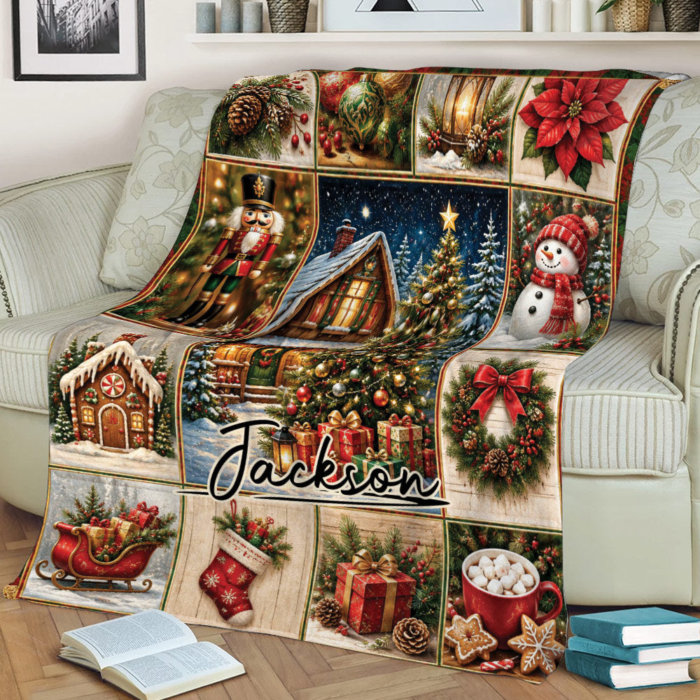 Christmas throw blanket draped over a couch with a cozy holiday collage of winter scenes, wreaths and gifts
