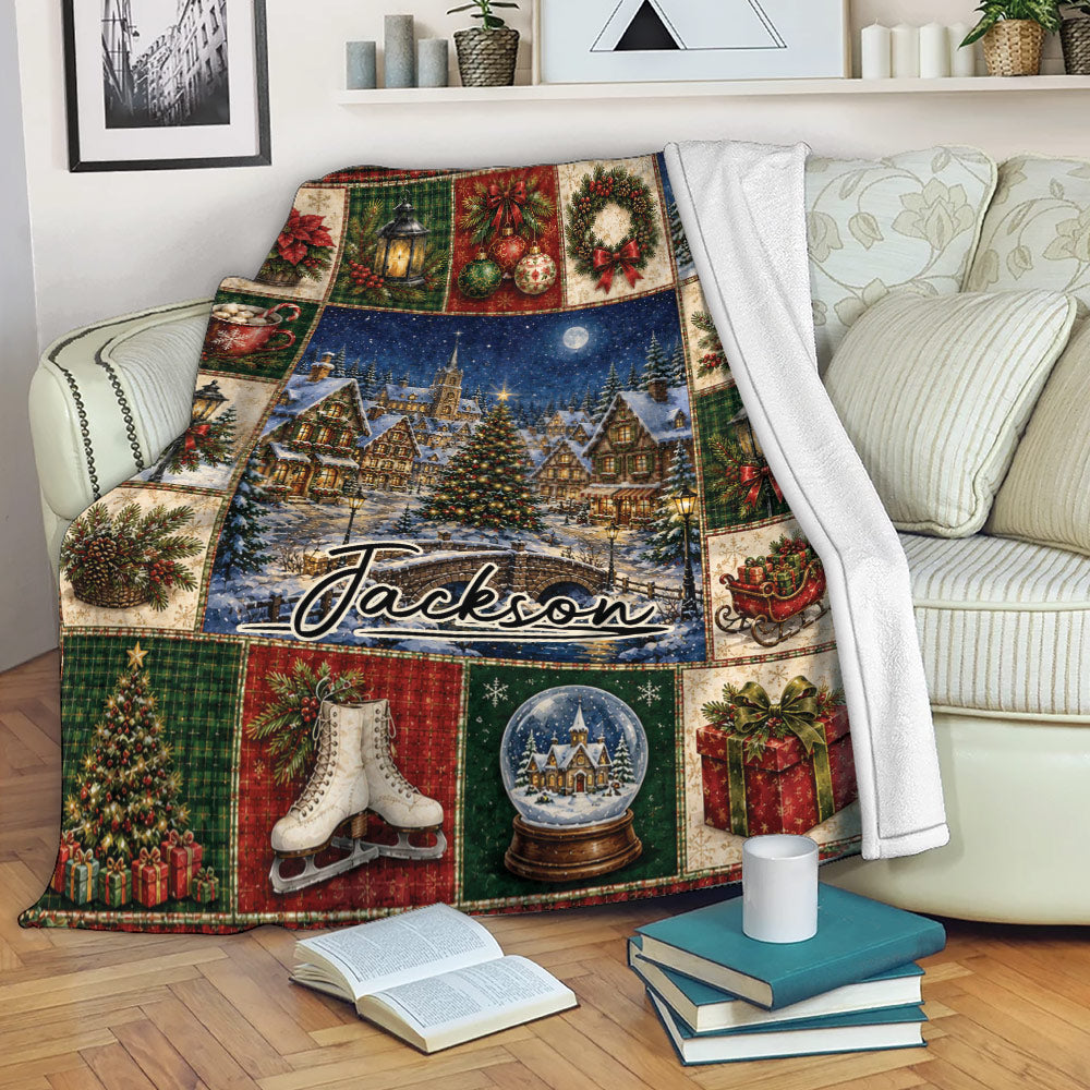 Christmas throw blanket draped over a sofa with snowy village and festive plaid holiday scenes