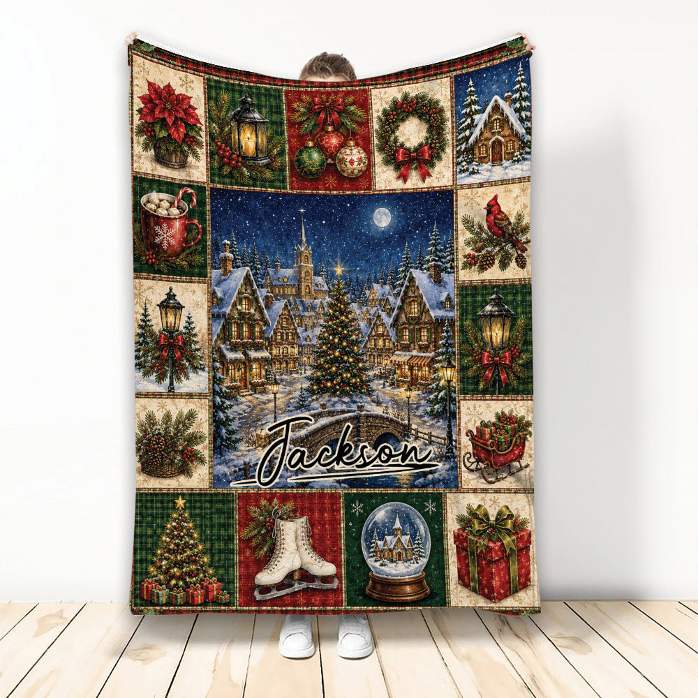 Christmas throw blanket with snowy village, tree, ornaments, wreaths, gifts, and holiday plaid artwork