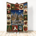 Christmas throw blanket with snowy village, tree, ornaments, wreaths, gifts, and holiday plaid artwork