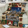 Christmas throw blanket displayed on a sofa with winter village, Christmas tree, ornaments, and gift artwork